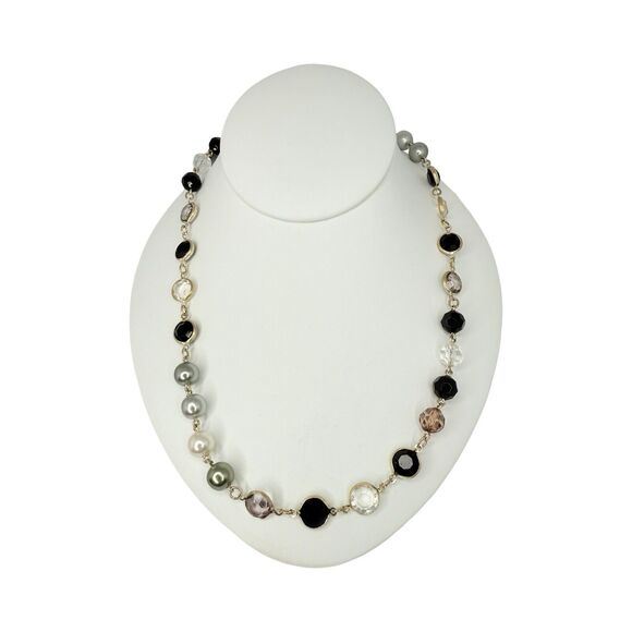 Vintage Black & White Rivoli Beaded Layering Necklace 60" Silver Tone - Picture 8 of 12
